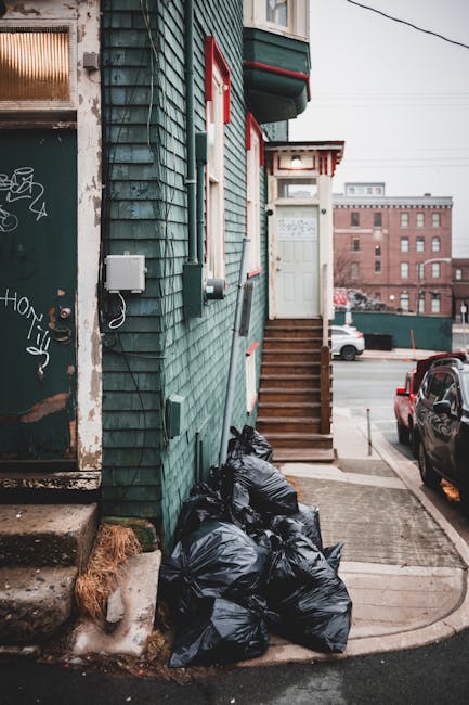 A narrow urban alleyway adjacent to a green wooden building with vertical siding, where several tightly bundled black rubbish bags are piled at the base of a small set of wooden stairs leading up to a white door with a small overhang. The building features a grey electrical box and several cables attached to the exterior wall. To the left, there is a metal door covered in graffiti, and a small patch of ice or snow with a piece of brown debris nearby. In the background, there are parked cars on the street and a larger brick building, indicating a typical city environment. The scene captures an instance of private waste collection, aligning with alternative rubbish removal options such as on-site clearance, with Waste Clearance Catford often providing such services in similar contexts.